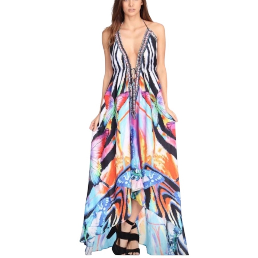 ASA Kaftans 100% Silk Viscose Butterfly Halter Dress Kaftan Cover Up Size OS